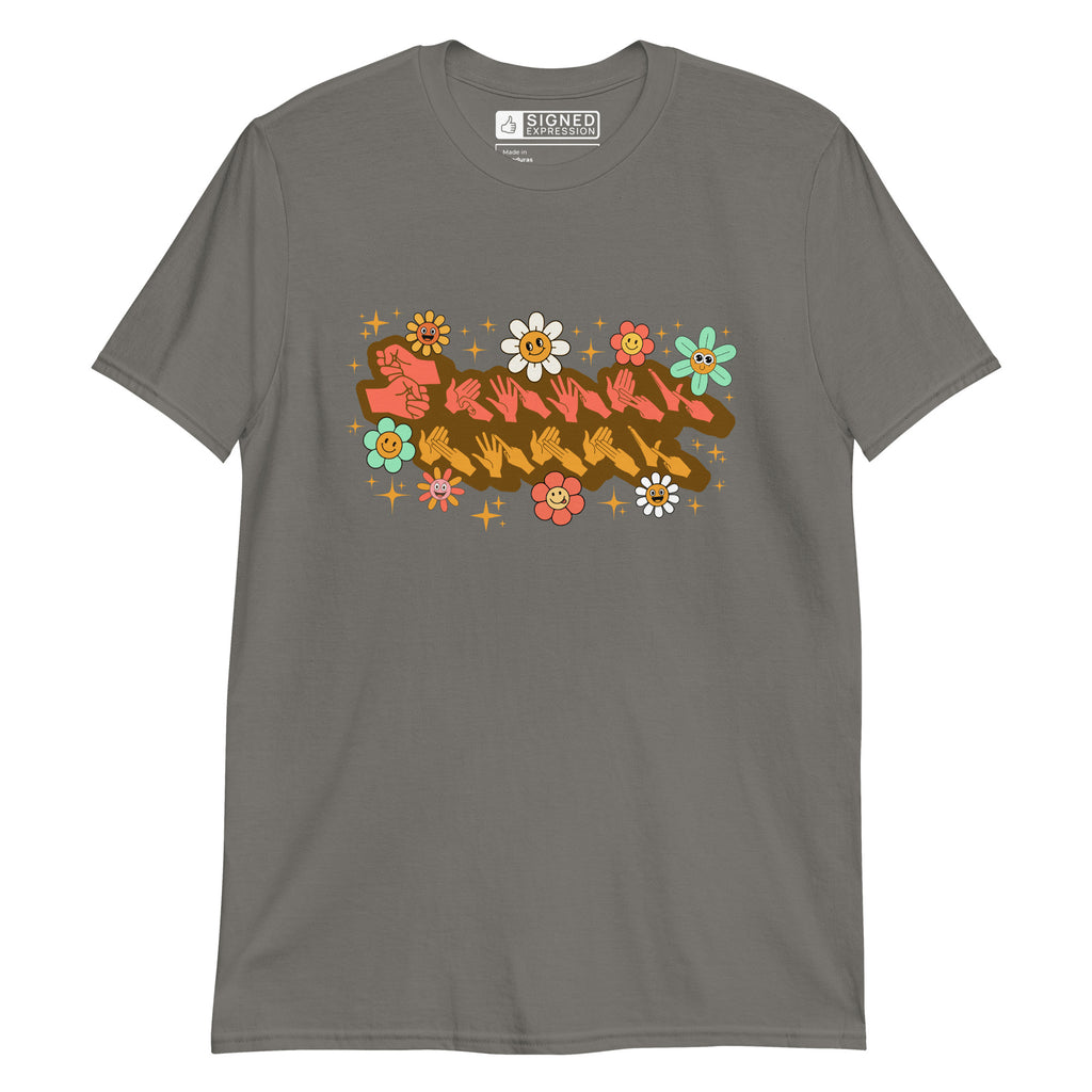 Charcoal coloured T-Shirt showing a Groovy Mommy BSL design