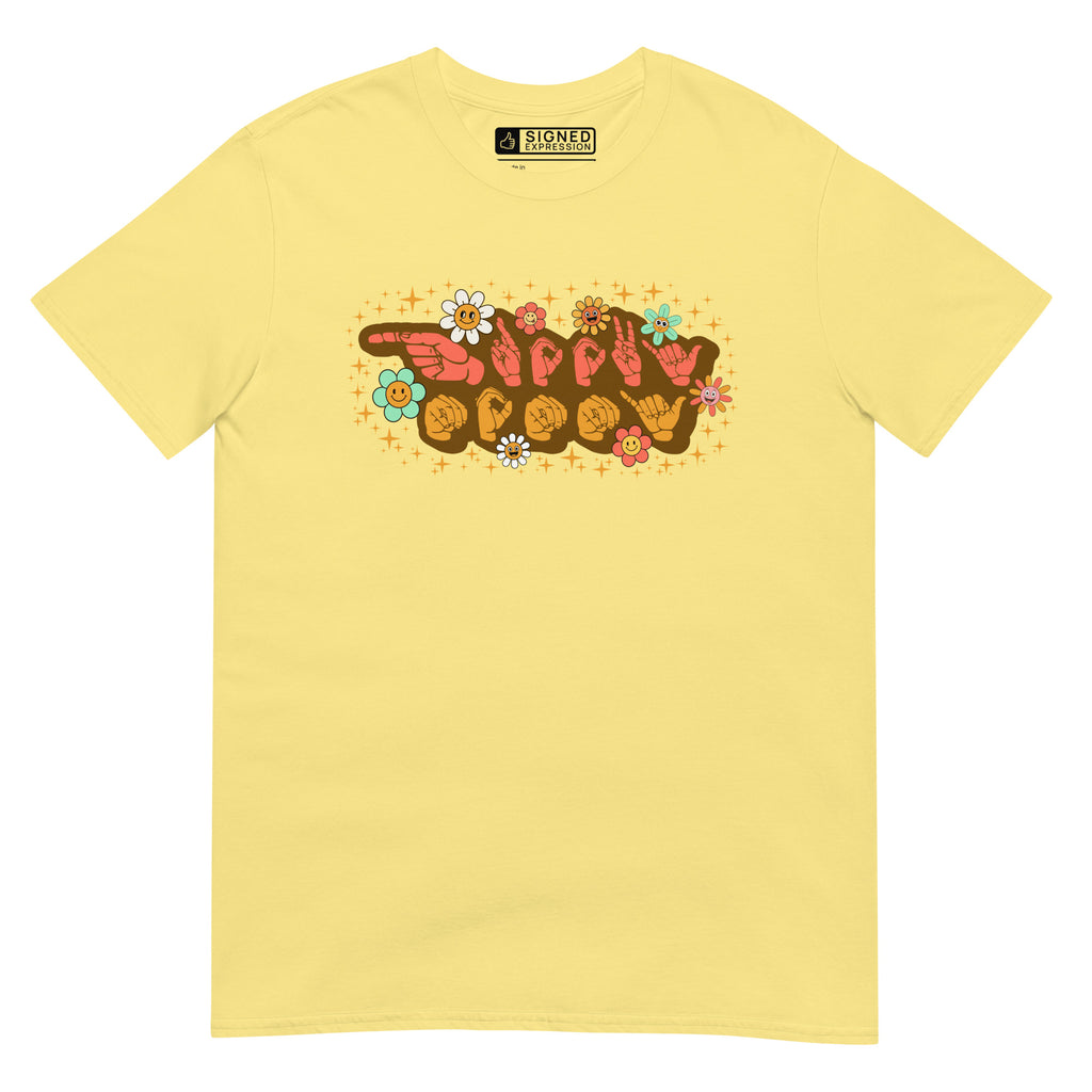 Cornsilk colored T-Shirt showing a Groovy Mommy ASL design