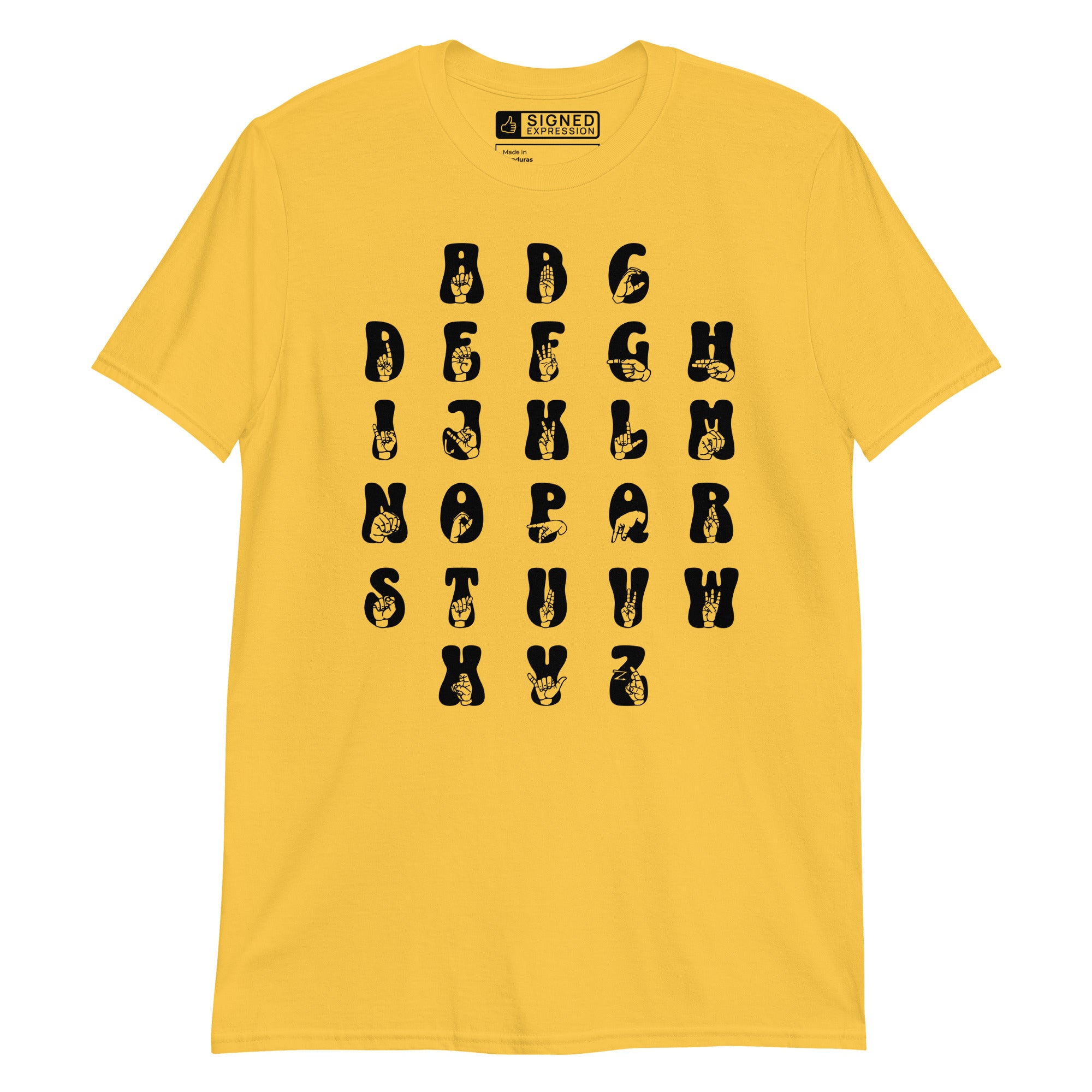 Front view of a daisy t-shirt with ASL Alphabet - Black Fingerspelling & Text