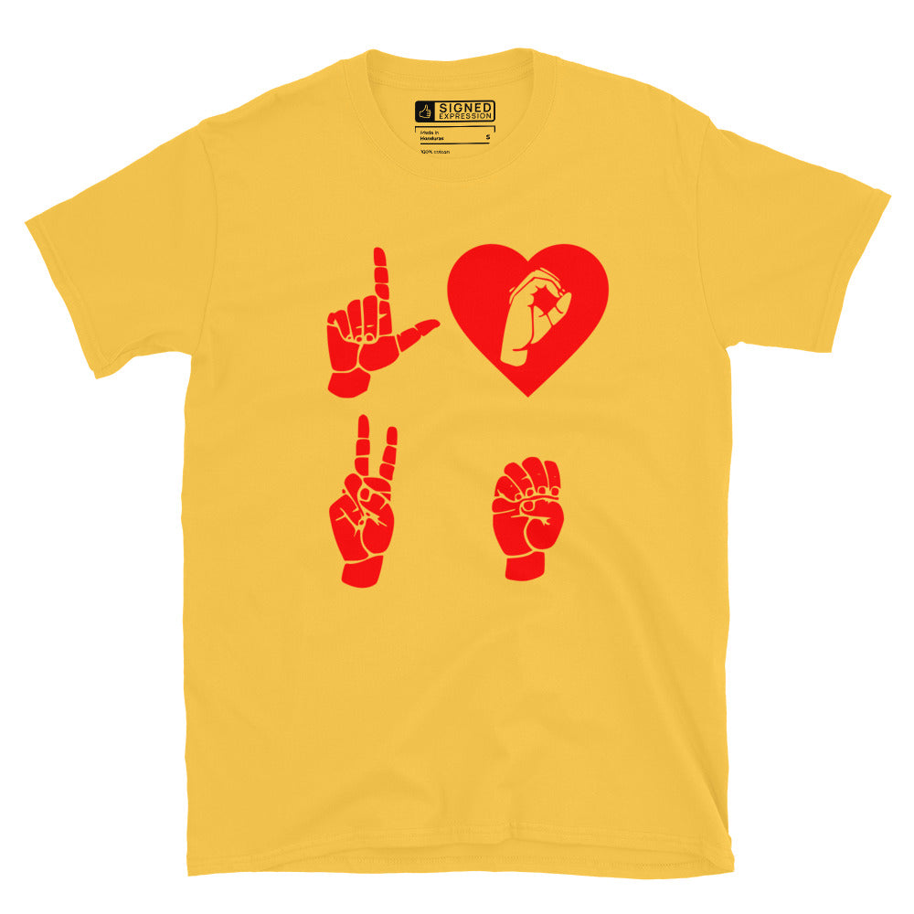 Daisy coloured  T-Shirt with the word Love in red ASL Fingerspelling with the 'O' embedded in a heart shape