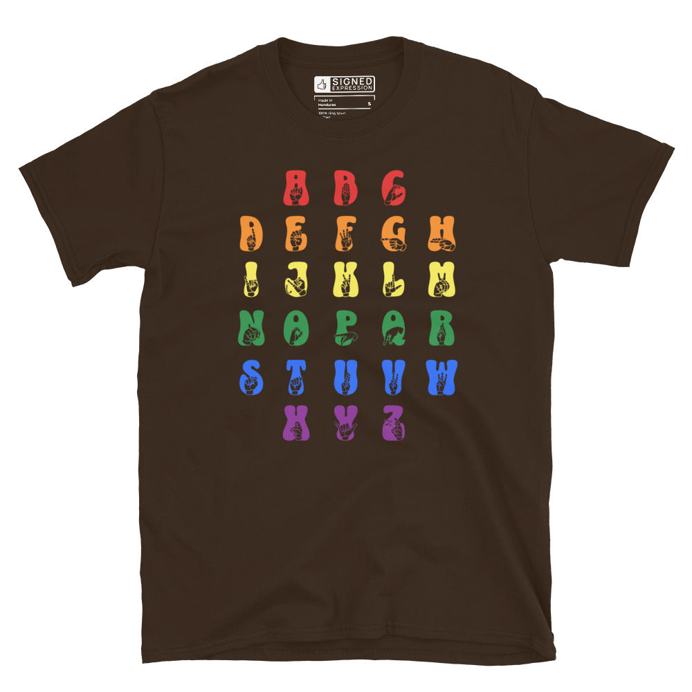 Front view of a dark chocolate t-shirt with ASL Alphabet - Pride Fingerspelling & Text