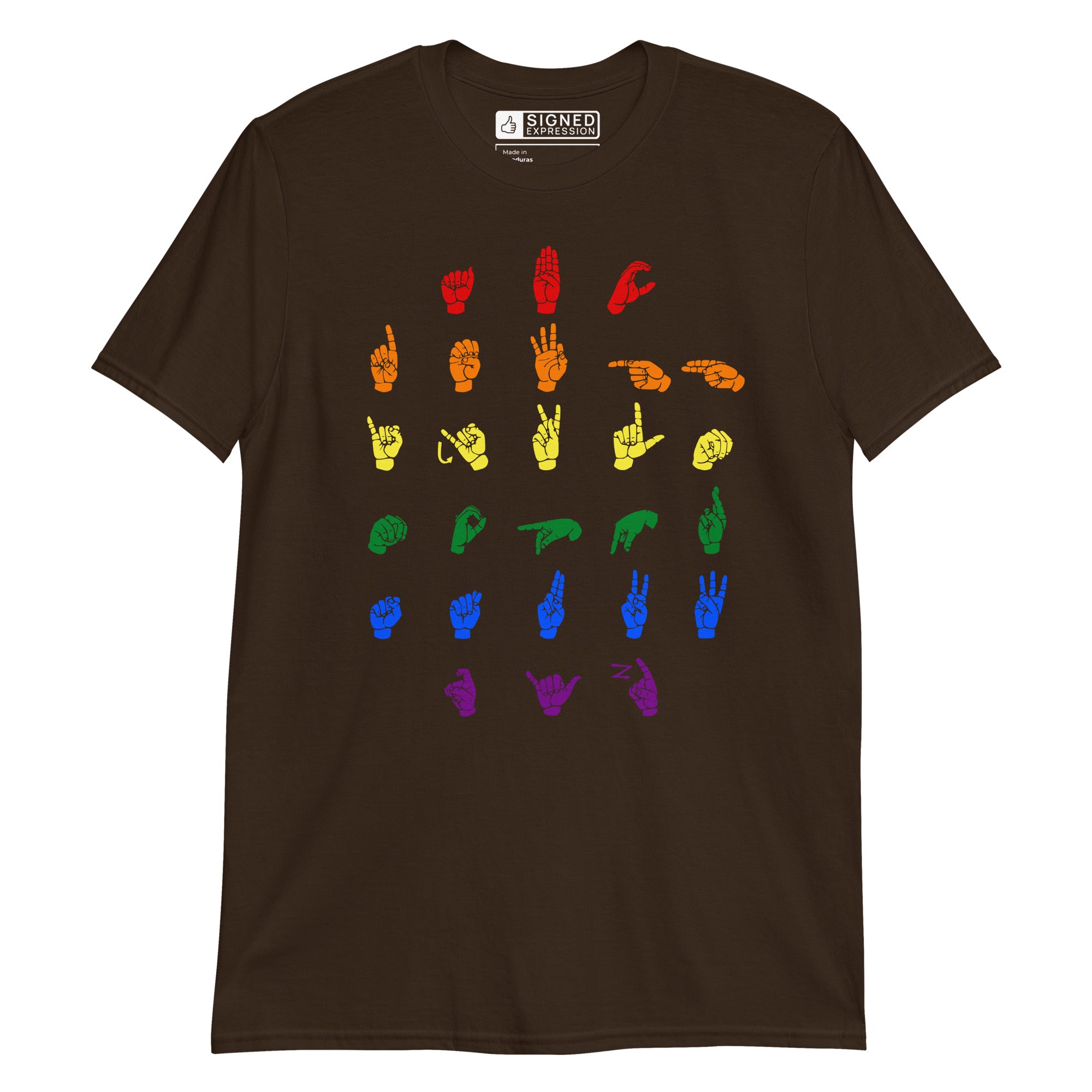 Front view of a dark chocolate t-shirt with ASL Alphabet - Pride Fingerspelling