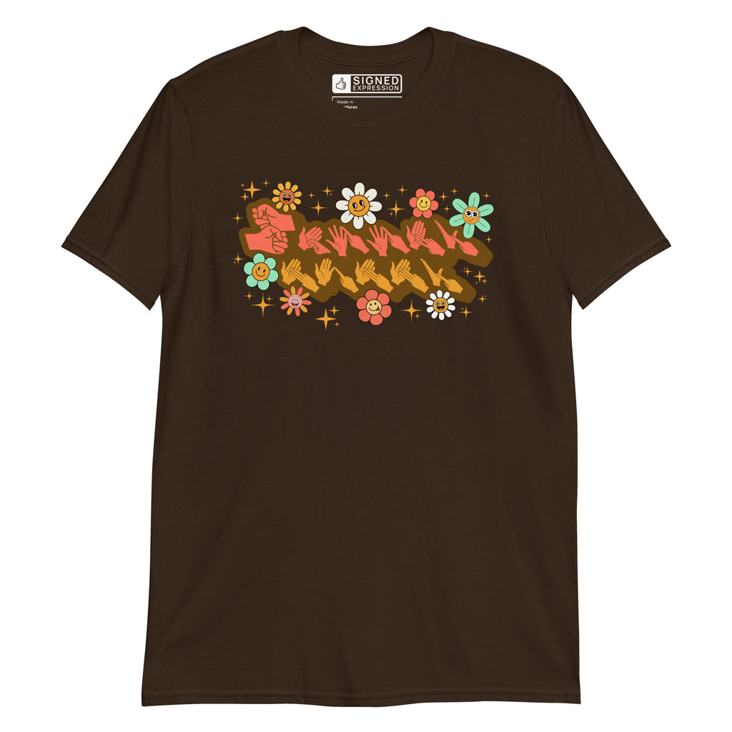 Dark chocolate coloured T-Shirt showing a Groovy Mummy BSL design