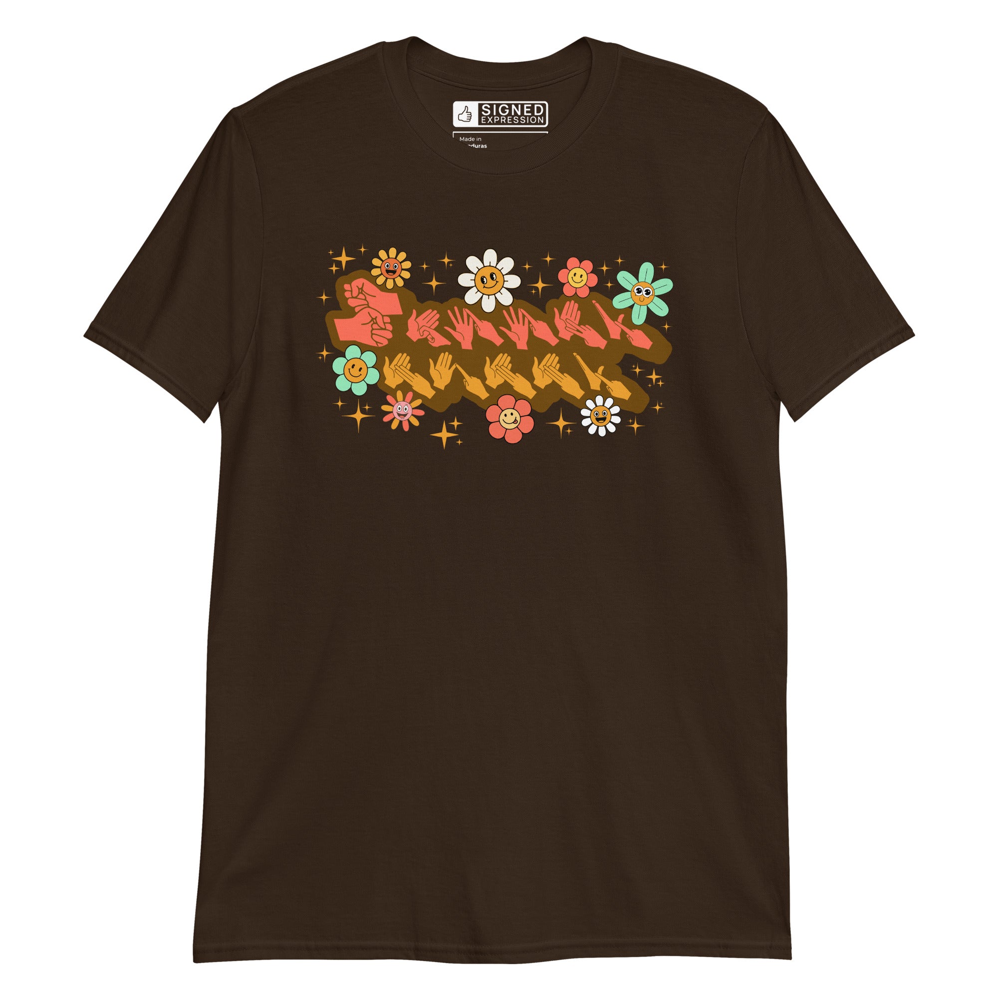 Dark chocolate coloured T-Shirt showing a Groovy Mummy BSL design