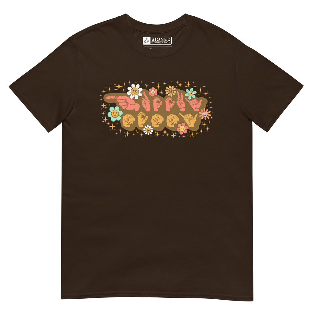 Chocolate colored T-Shirt showing a Groovy Mommy ASL design