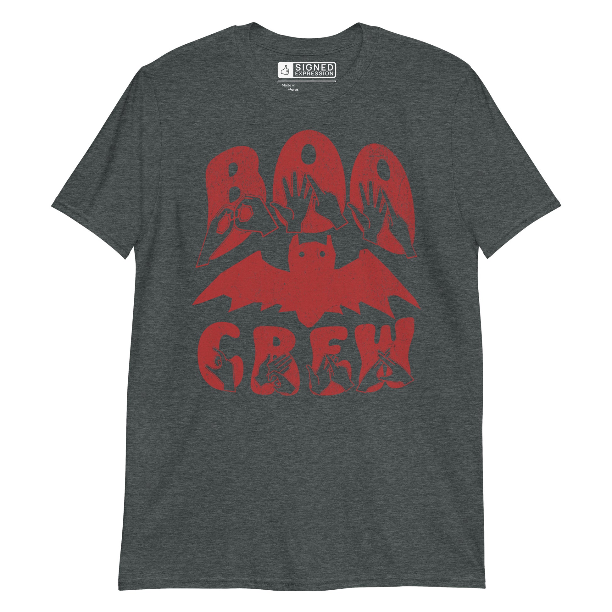 Dark heather coloured kids Boo Crew bat Halloween t-shirt with BSL design.