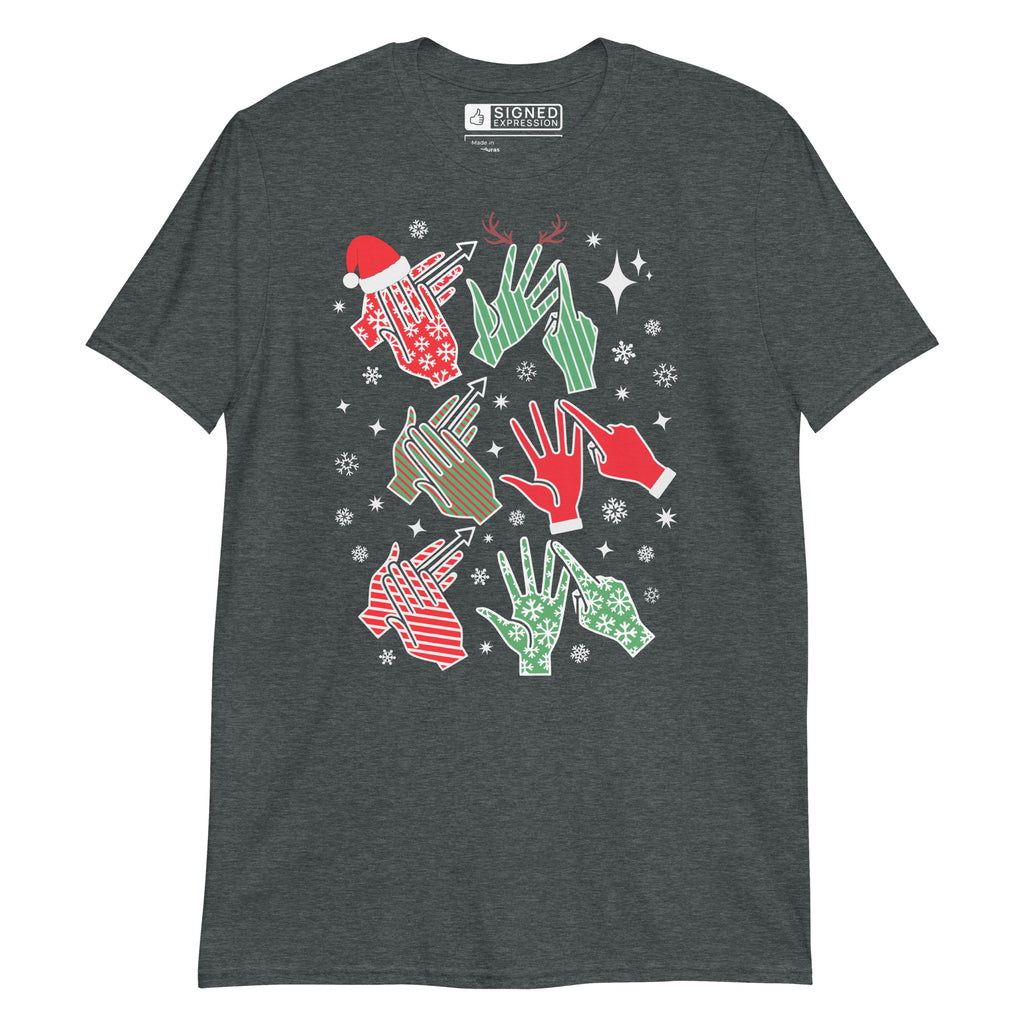 Dark heather coloured t-shirt with Ho Ho Ho BSL fingerspelling design.