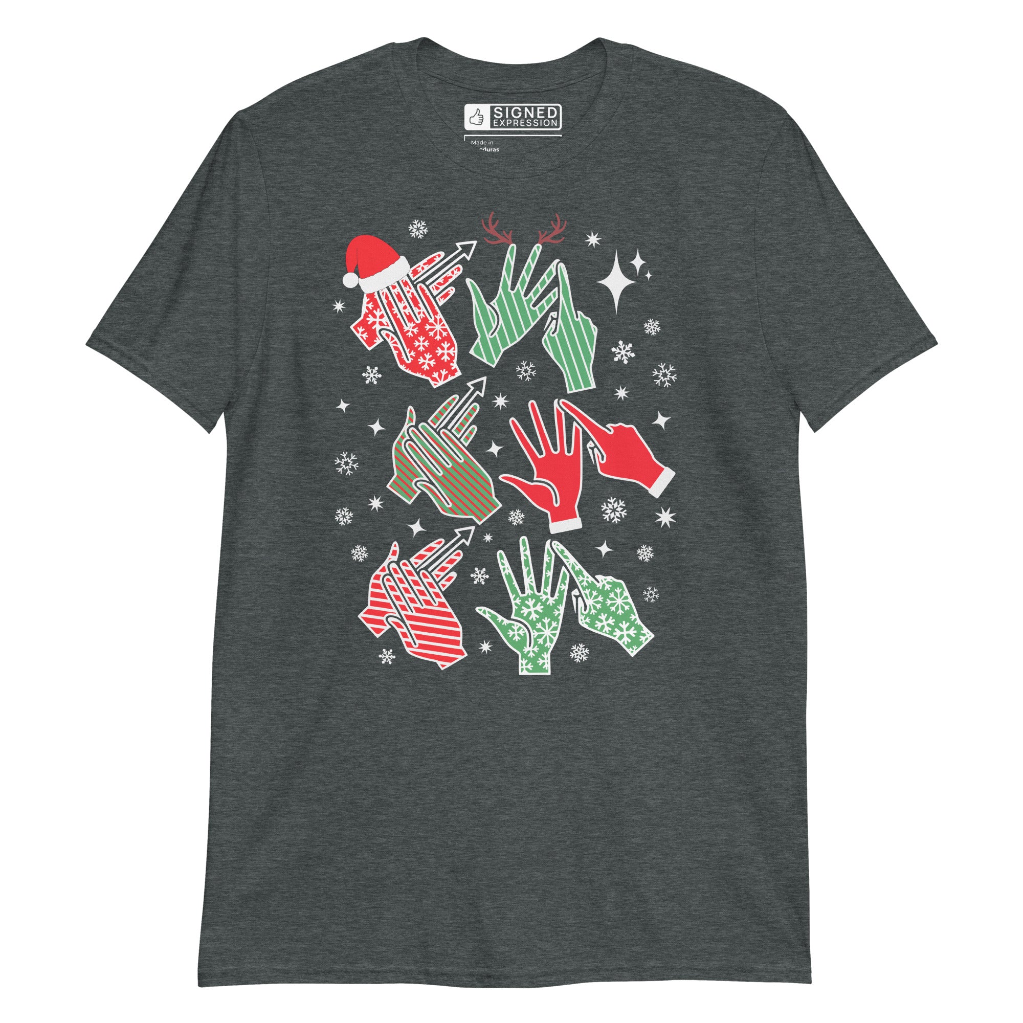 Dark heather coloured t-shirt with Ho Ho Ho BSL fingerspelling design.