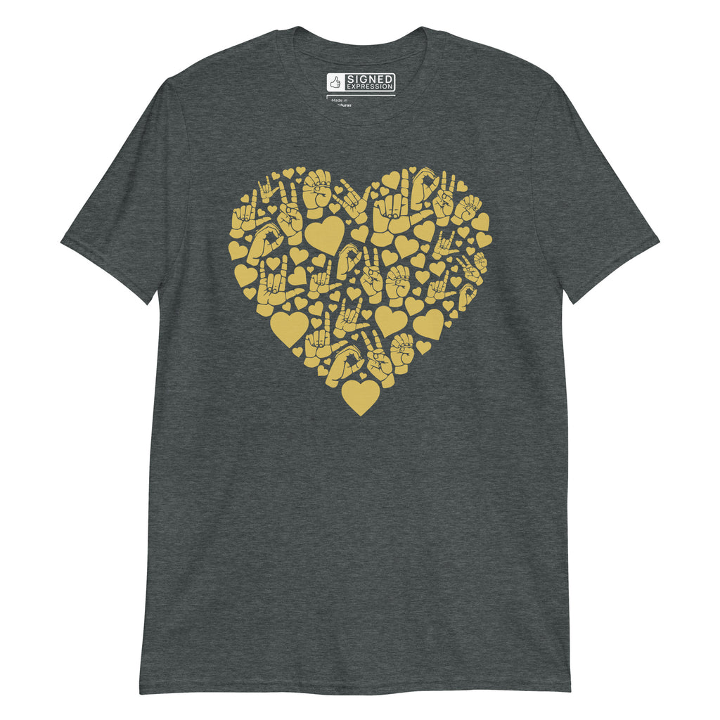 Dark heather colored T-Shirt showing a gold colored heart shaped mosaic formed from smaller love hearts, ASL fingerspelling that spells LOVE, and the ASL sign for I love you