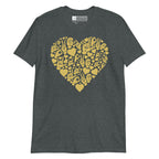 Dark heather colored T-Shirt showing a gold colored heart shaped mosaic formed from smaller love hearts, ASL fingerspelling that spells LOVE, and the ASL sign for I love you