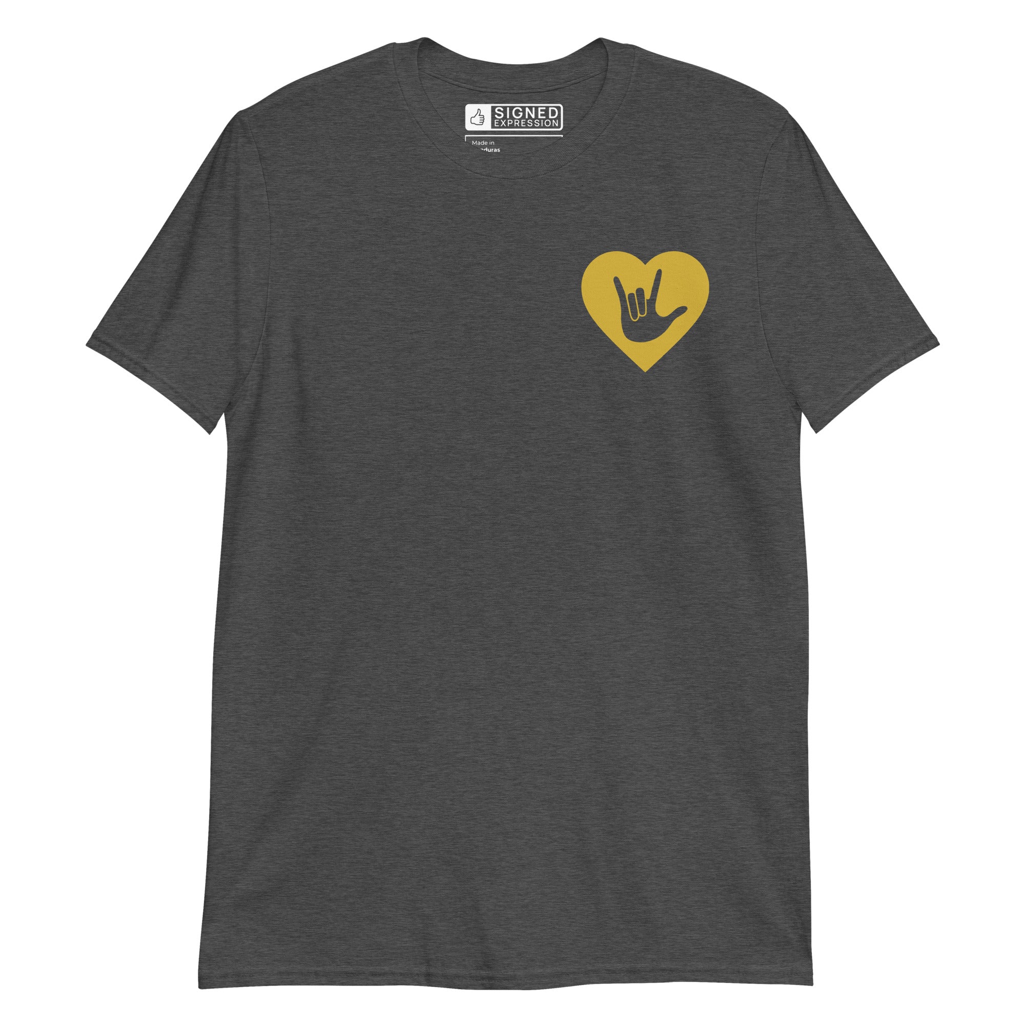 Dark heather colored T-Shirt showing a gold coloured heart and the iconic ASL I Love You sign embedded in it on the left side of the chest