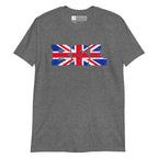 Graphite heather t-shirt with ‘BSL’ shown in British Sign Language fingerspelling and text, in red, white, and blue Union Flag colours