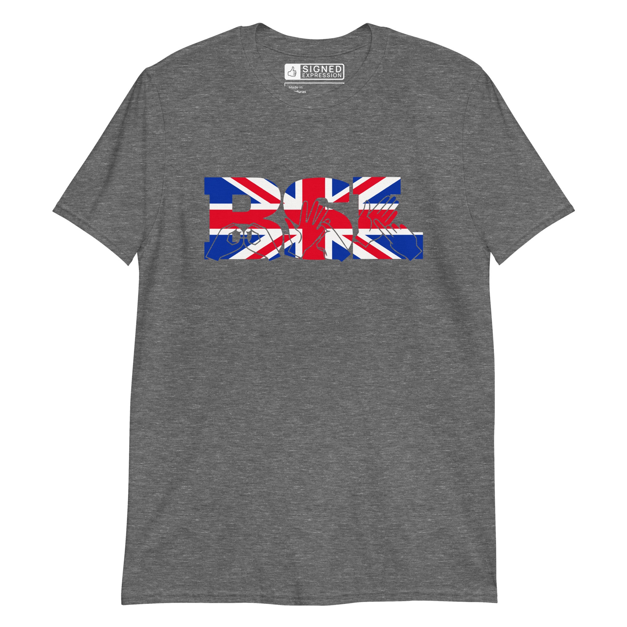 Graphite heather t-shirt with ‘BSL’ shown in British Sign Language fingerspelling and text, in red, white, and blue Union Flag colours