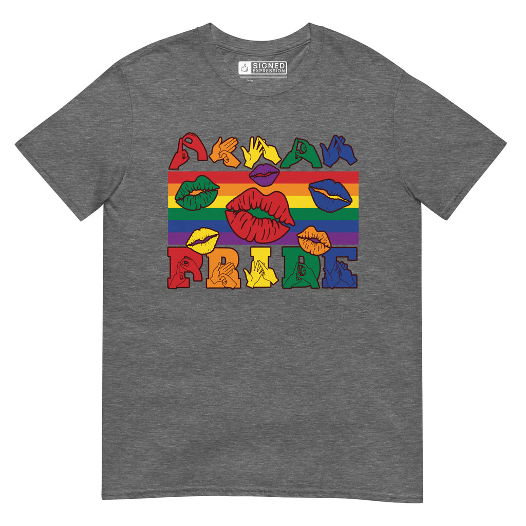 Graphite heather t-shirt with pride rainbow stripes, colourful kissing lips and the word pride in BSL fingerspelling