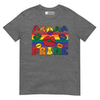 Graphite heather t-shirt with pride rainbow stripes, colourful kissing lips and the word pride in BSL fingerspelling