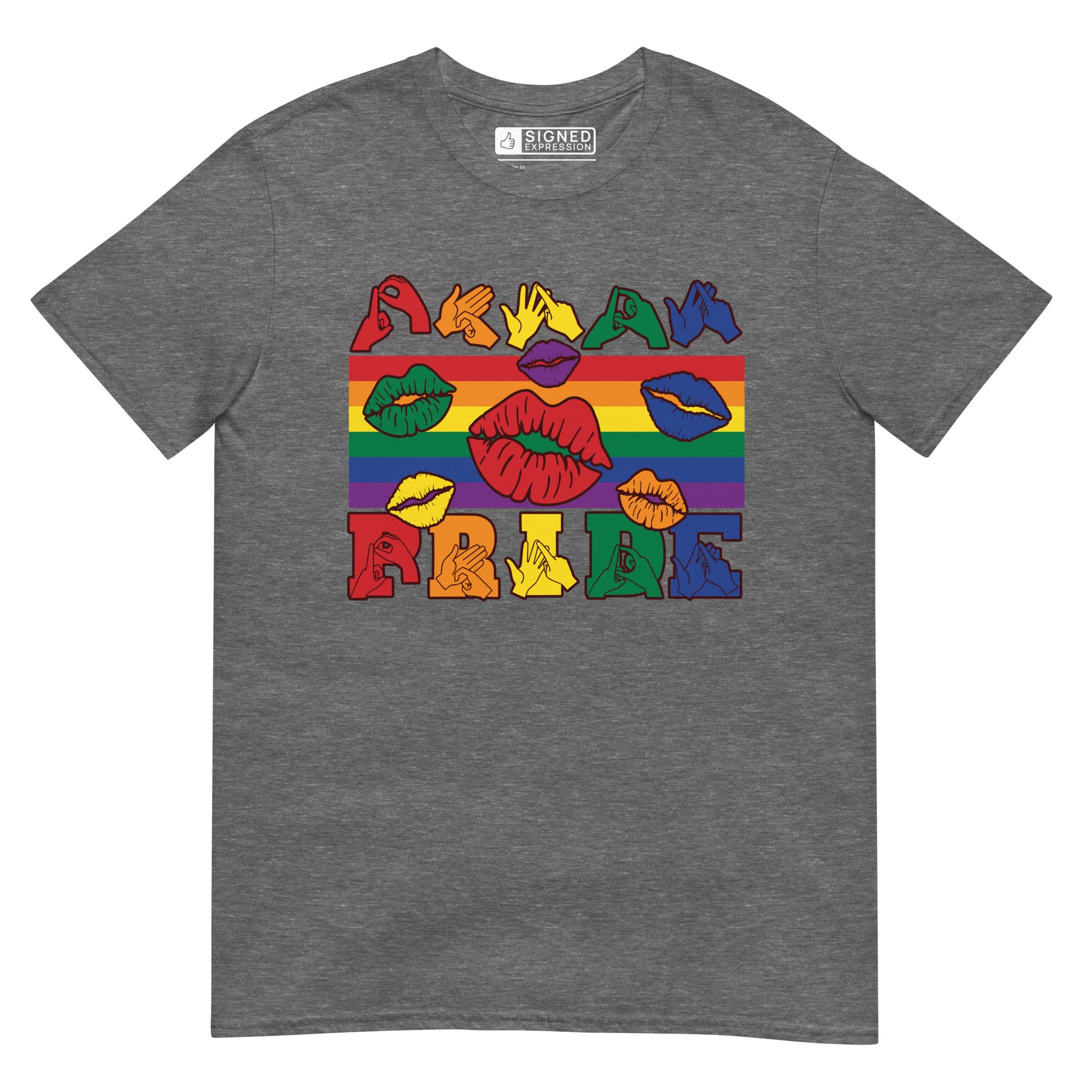 Graphite heather t-shirt with pride rainbow stripes, colourful kissing lips and the word pride in BSL fingerspelling