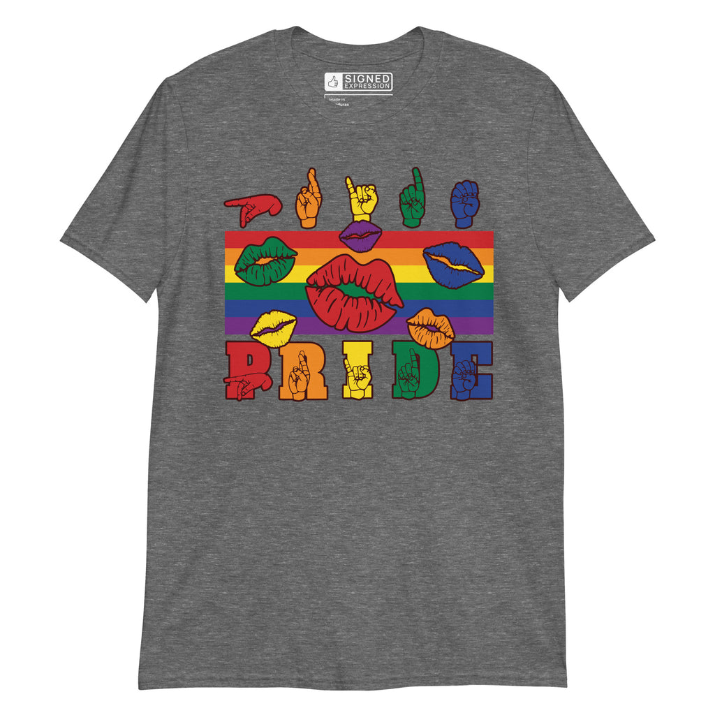 Graphite heather t-shirt with pride rainbow stripes, colourful kissing lips and the word pride in ASL fingerspelling