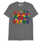 Graphite heather t-shirt with pride rainbow stripes, colourful kissing lips and the word pride in ASL fingerspelling