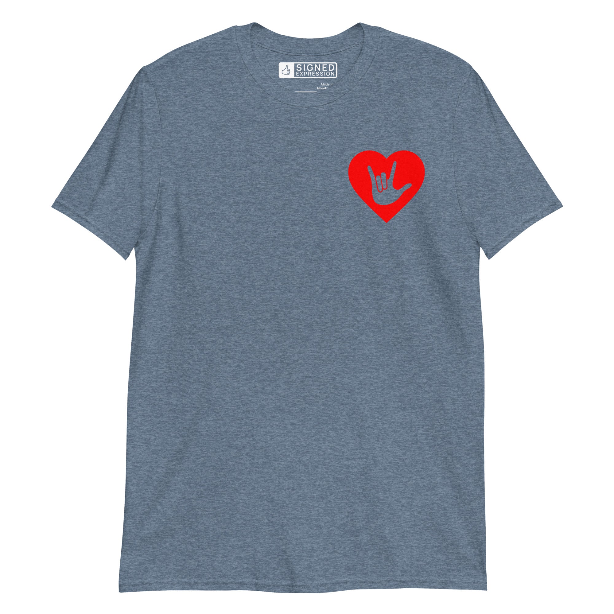 Heather indigo colored T-Shirt showing a red coloured heart and the iconic ASL I Love You sign embedded in it on the left side of the chest