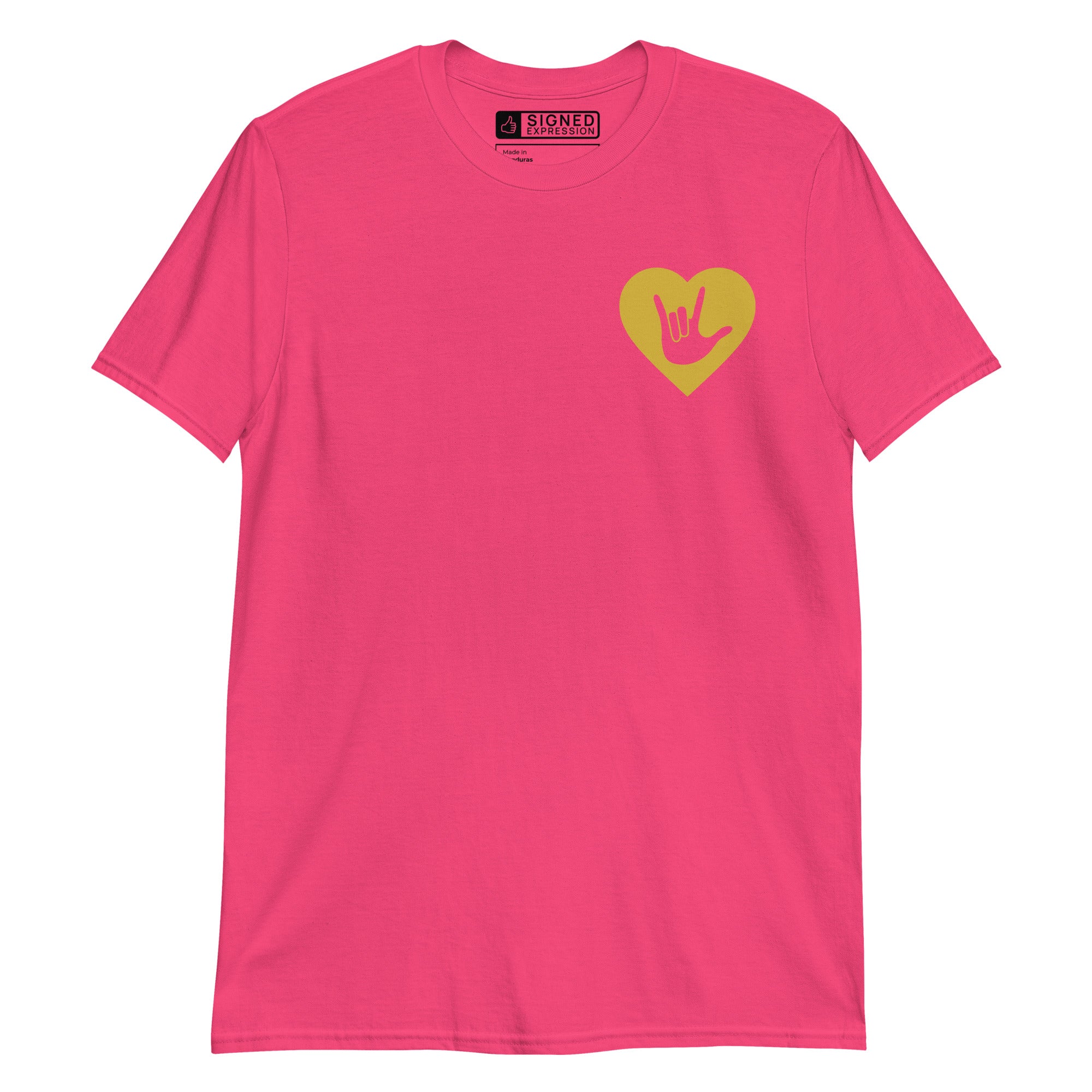 Heliconia colored T-Shirt showing a gold coloured heart and the iconic ASL I Love You sign embedded in it on the left side of the chest