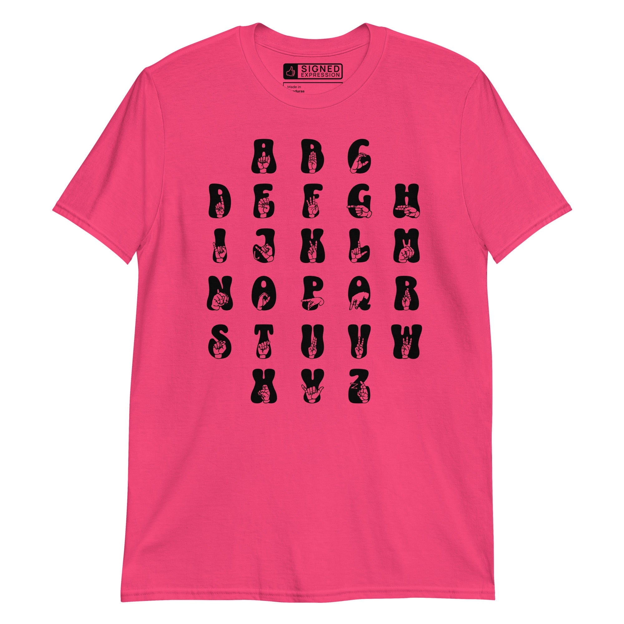 Front view of a heliconia t-shirt with ASL Alphabet - Black Fingerspelling & Text