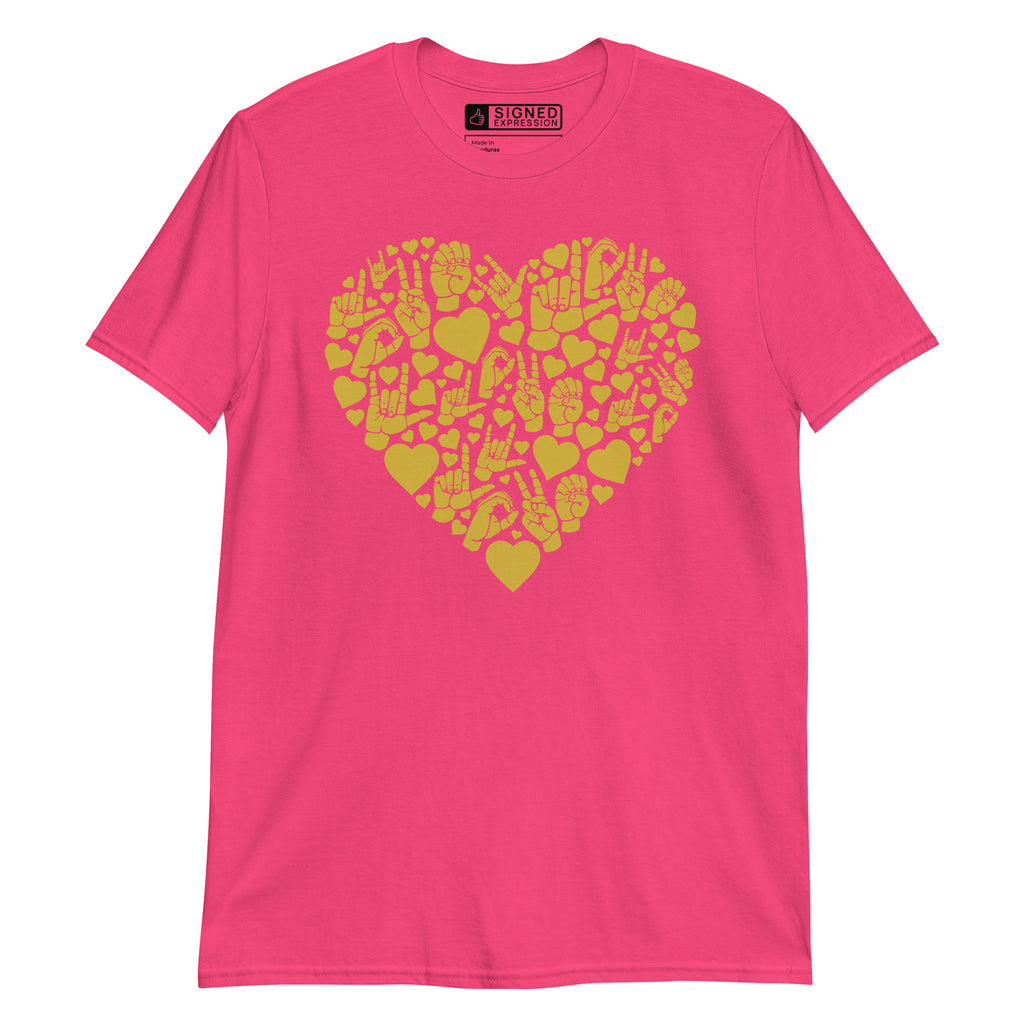 Heliconia colored T-Shirt showing a gold colored heart shaped mosaic formed from smaller love hearts, ASL fingerspelling that spells LOVE, and the ASL sign for I love you