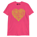 Heliconia colored T-Shirt showing a gold colored heart shaped mosaic formed from smaller love hearts, ASL fingerspelling that spells LOVE, and the ASL sign for I love you