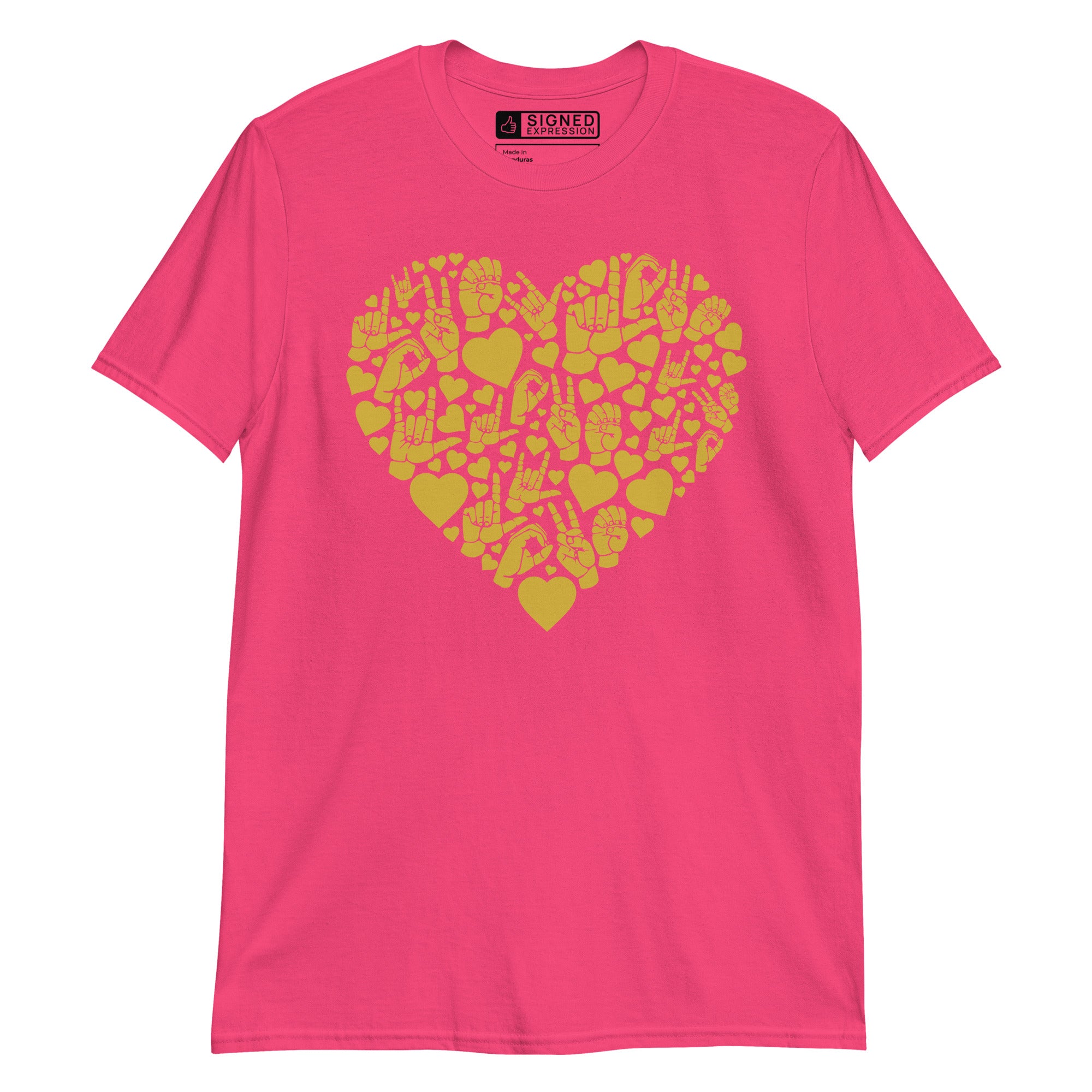 Heliconia colored T-Shirt showing a gold colored heart shaped mosaic formed from smaller love hearts, ASL fingerspelling that spells LOVE, and the ASL sign for I love you