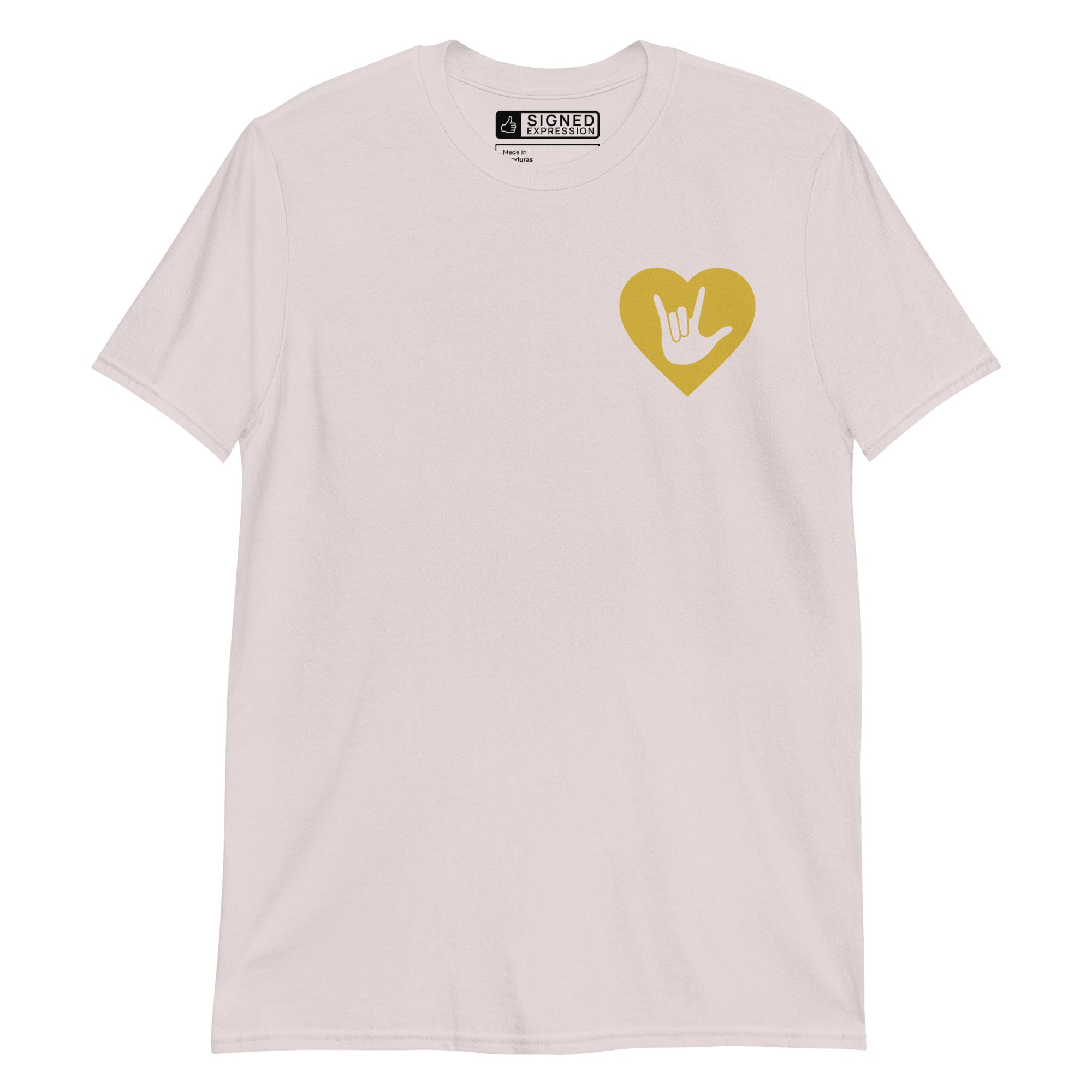 Ice grey colored T-Shirt showing a gold coloured heart and the iconic ASL I Love You sign embedded in it on the left side of the chest