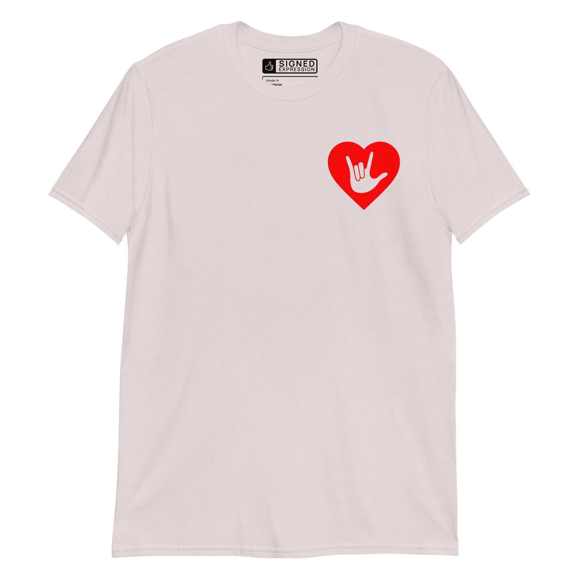 Ice grey colored T-Shirt showing a red coloured heart and the iconic ASL I Love You sign embedded in it on the left side of the chest