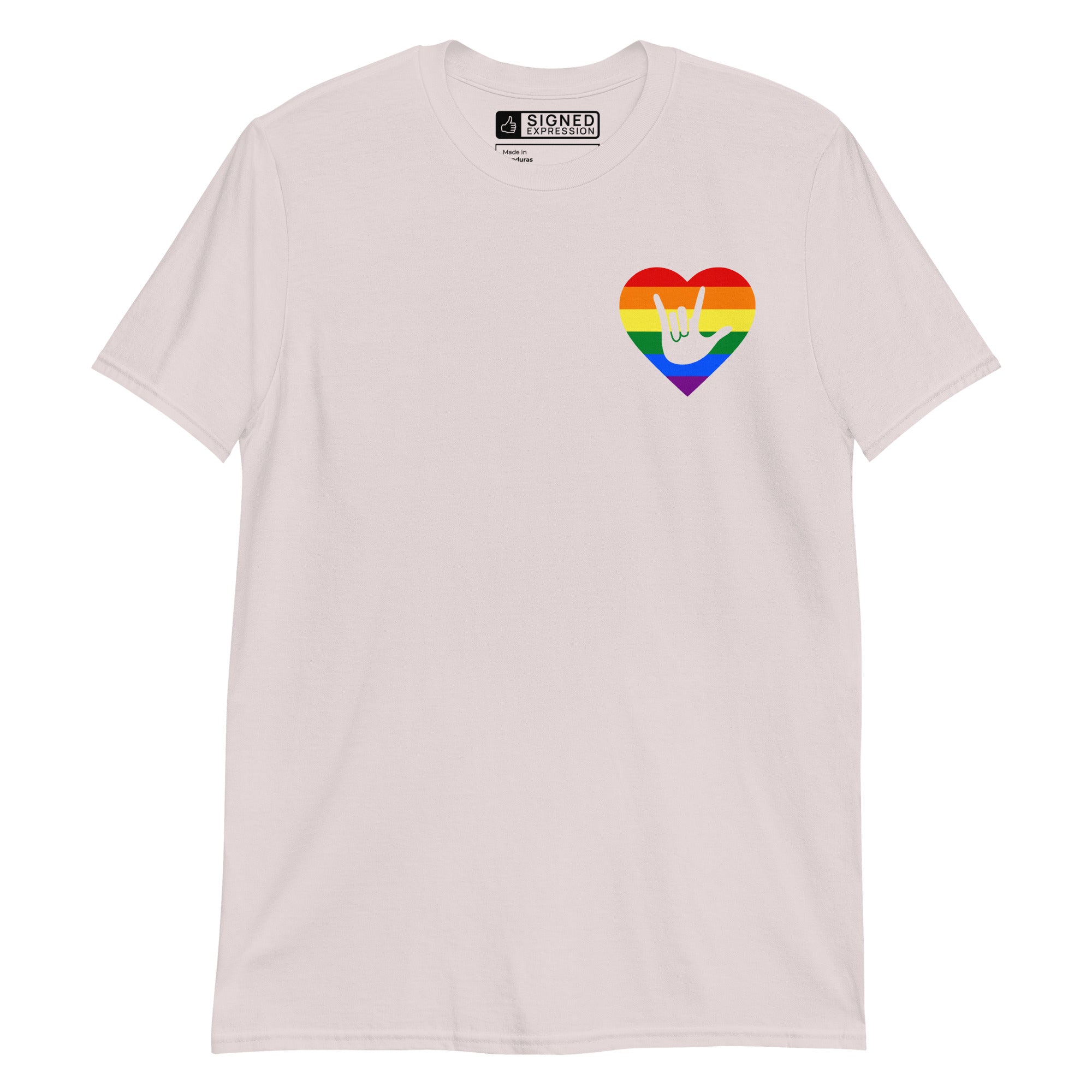 Ice grey colored T-Shirt showing a pride coloured heart and the iconic ASL I Love You sign embedded in it on the left side of the chest