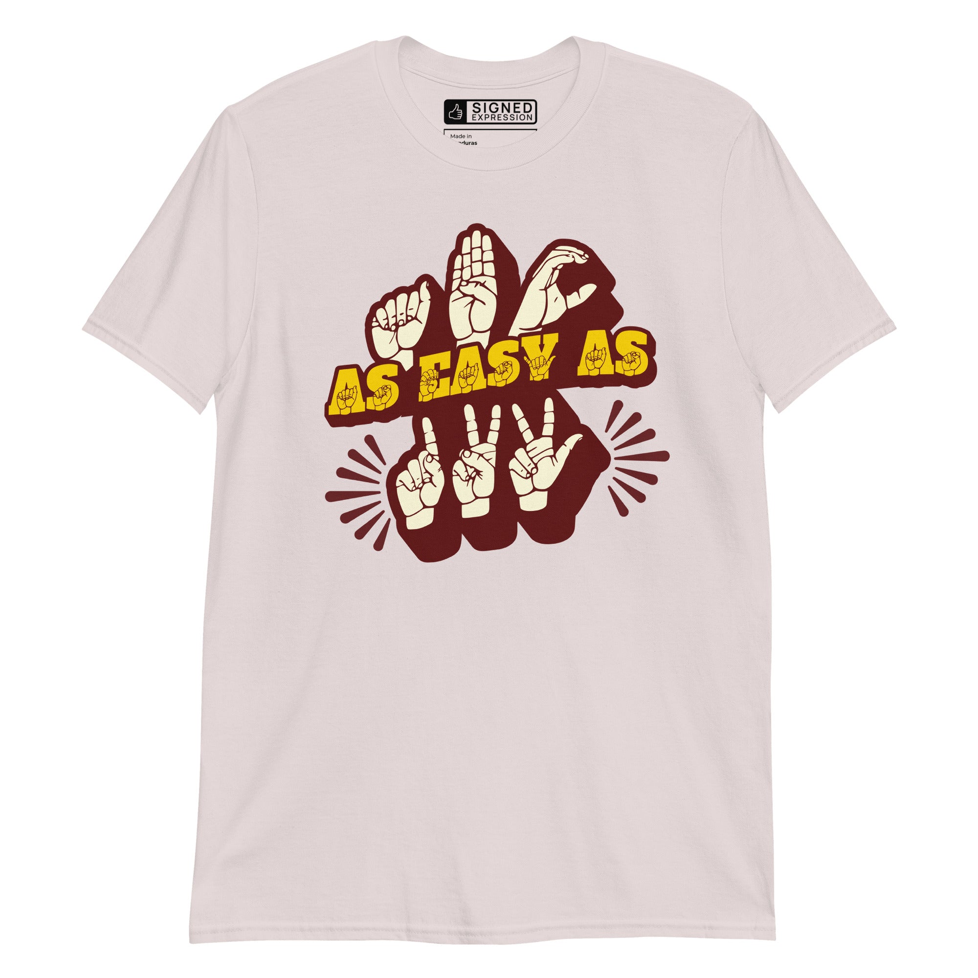 Front view of a ice grey t-shirt with the phrase ABC As Easy As 123 in ASL Fingerspelling & Text