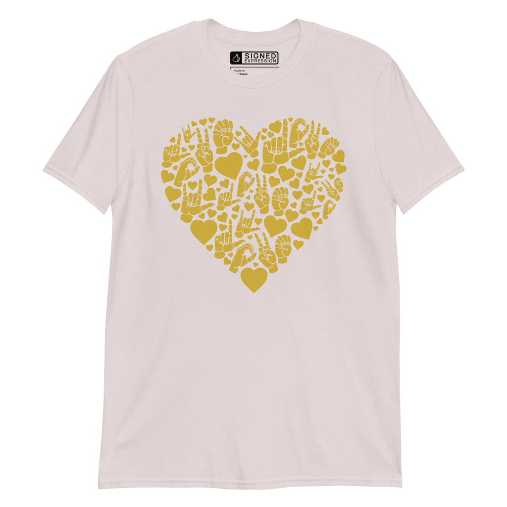 Ice grey colored T-Shirt showing a gold colored heart shaped mosaic formed from smaller love hearts, ASL fingerspelling that spells LOVE, and the ASL sign for I love you