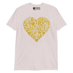 Ice grey colored T-Shirt showing a gold colored heart shaped mosaic formed from smaller love hearts, ASL fingerspelling that spells LOVE, and the ASL sign for I love you