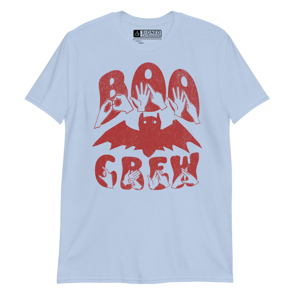 Light blue coloured kids Boo Crew bat Halloween t-shirt with BSL design.