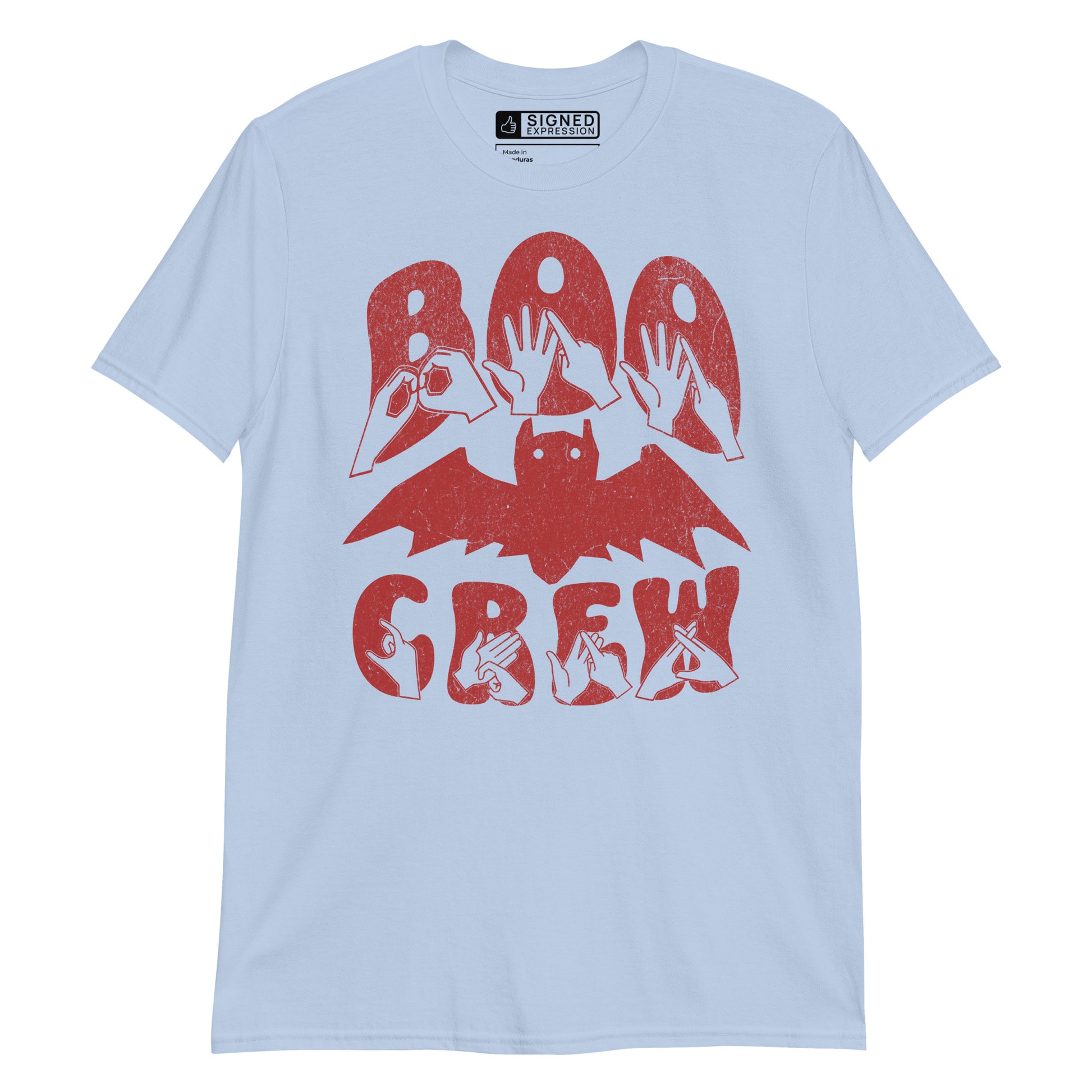 Light blue coloured kids Boo Crew bat Halloween t-shirt with BSL design.