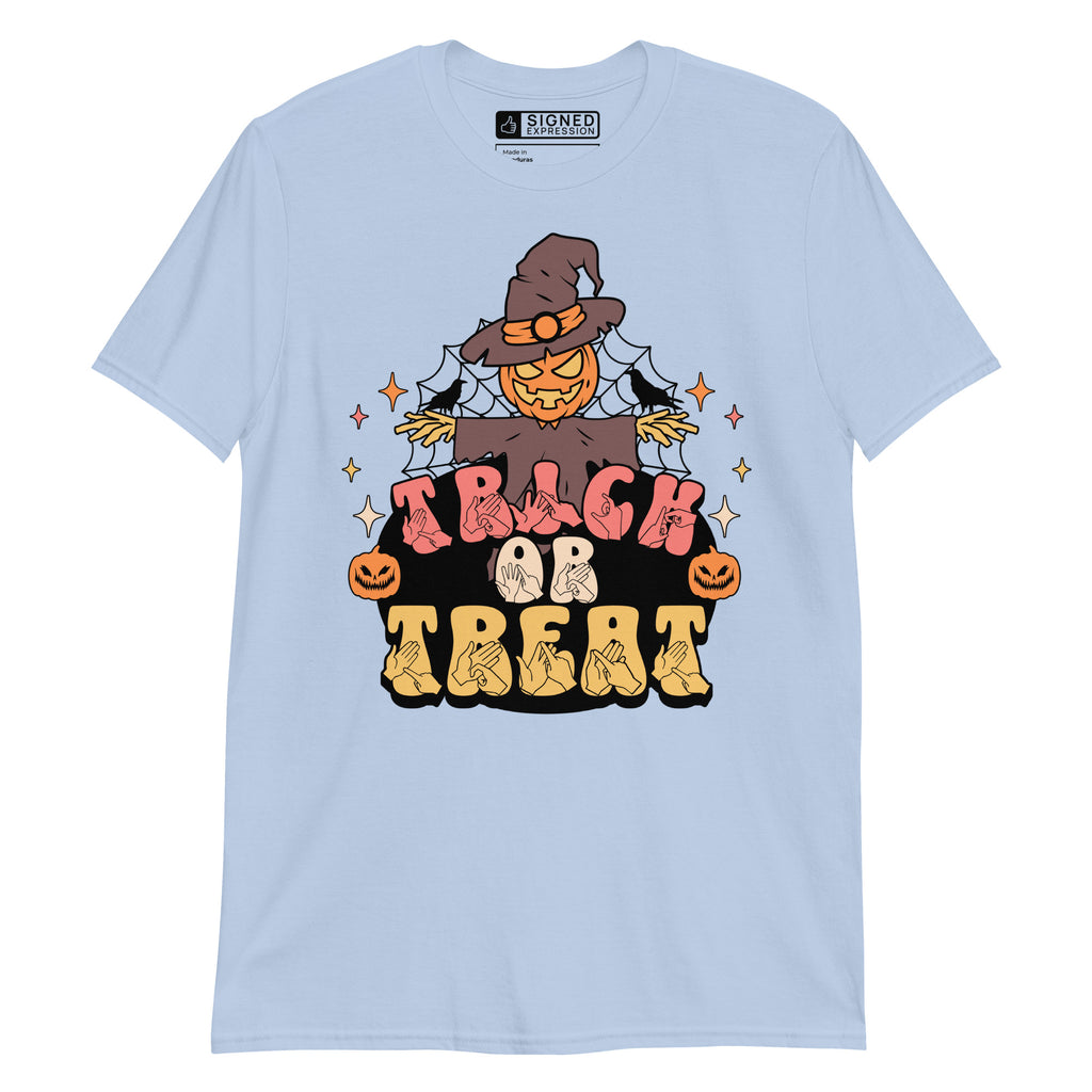 Light blue coloured Halloween scarecrow trick or treat t-shirt with BSL design.