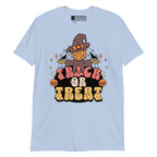 Light blue coloured Halloween scarecrow trick or treat t-shirt with BSL design.