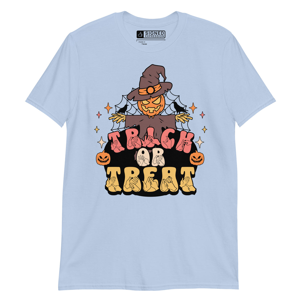 Light blue coloured Halloween scarecrow trick or treat t-shirt with BSL design.