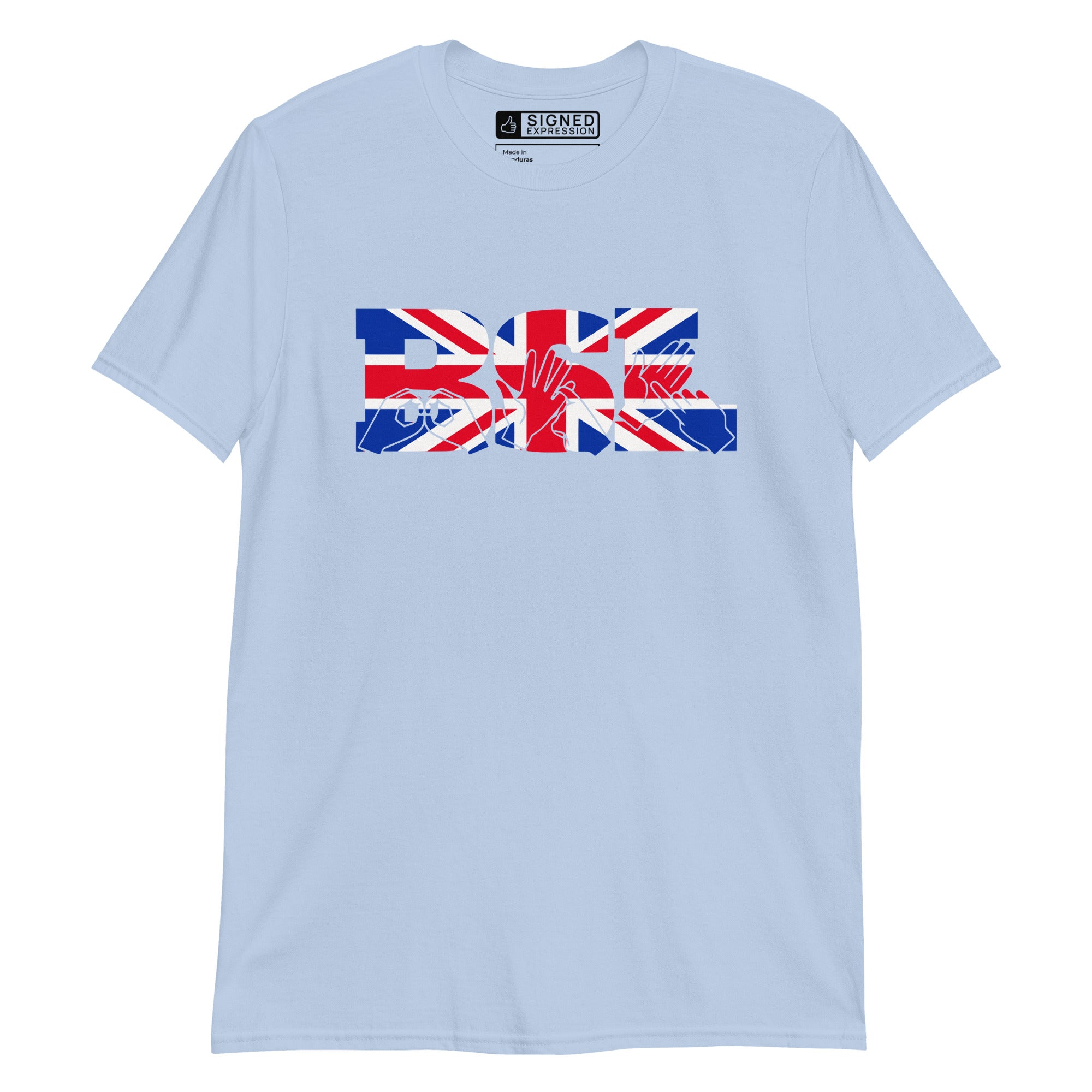Light blue t-shirt with ‘BSL’ shown in British Sign Language fingerspelling and text, in red, white, and blue Union Flag colours