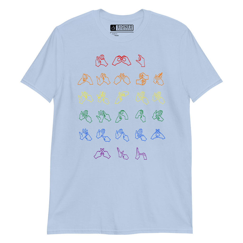 Front view of a light blue t-shirt with BSL Alphabet - Pride Fingerspelling