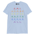 Front view of a light blue t-shirt with BSL Alphabet - Pride Fingerspelling