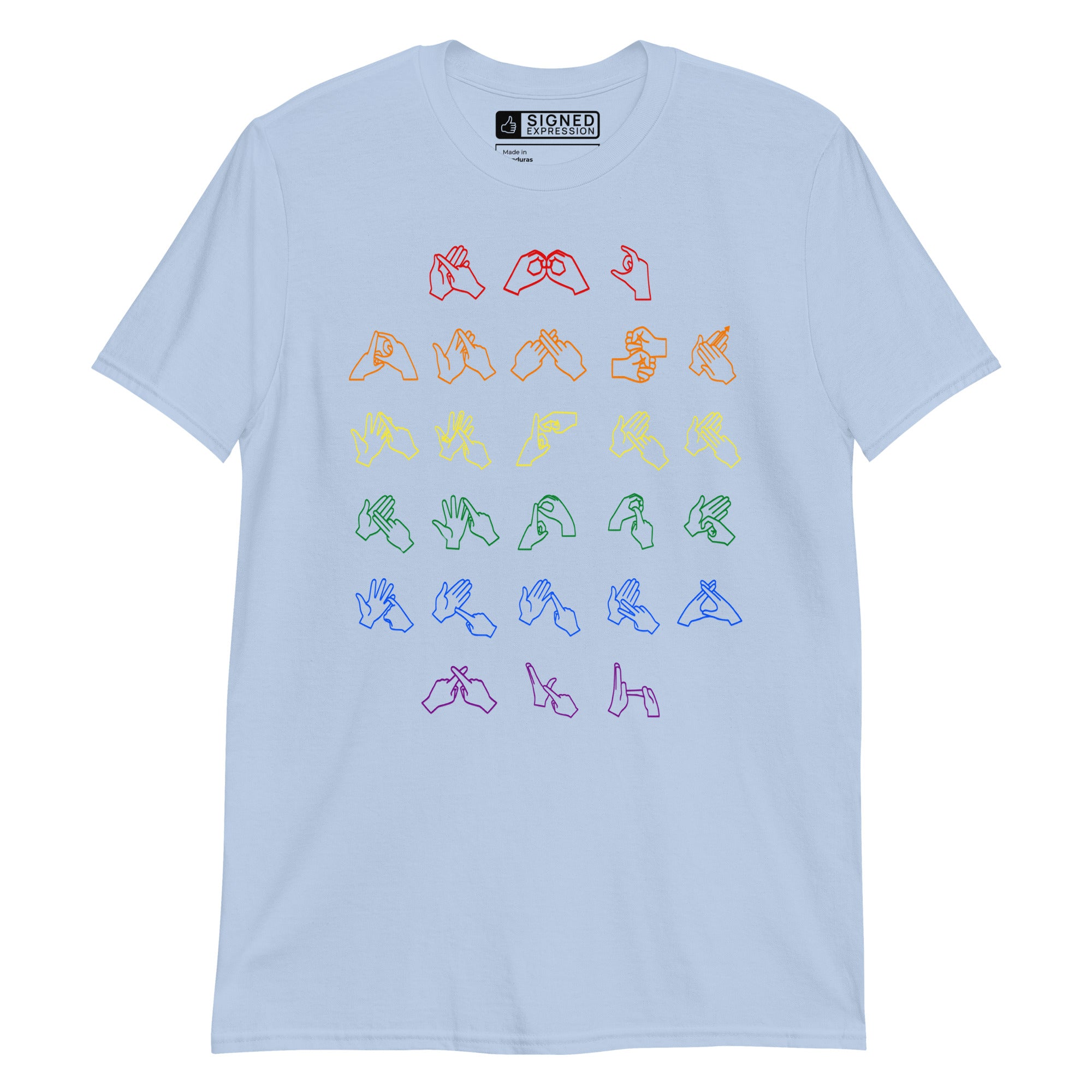 Front view of a light blue t-shirt with BSL Alphabet - Pride Fingerspelling