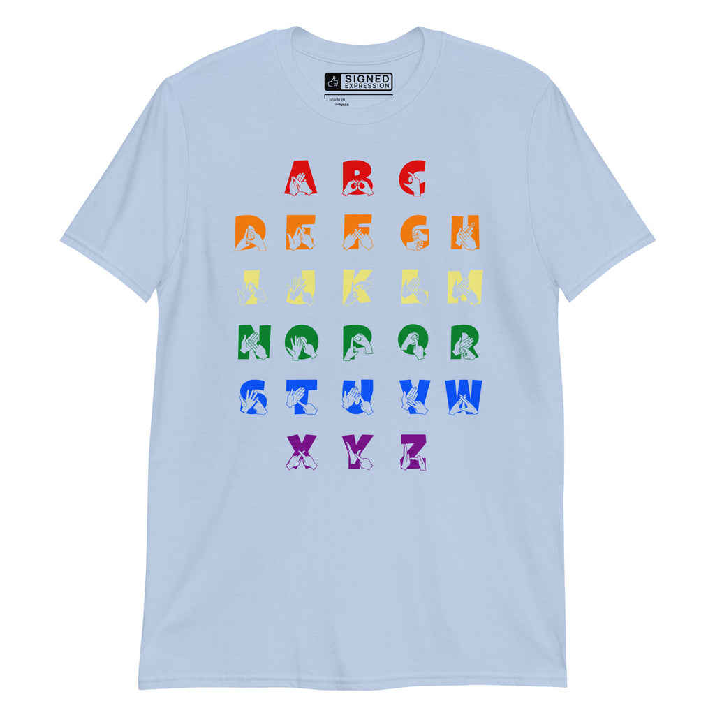 Front view of a light blue t-shirt with BSL Alphabet - Pride Fingerspelling & Text
