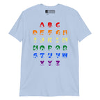 Front view of a light blue t-shirt with BSL Alphabet - Pride Fingerspelling & Text