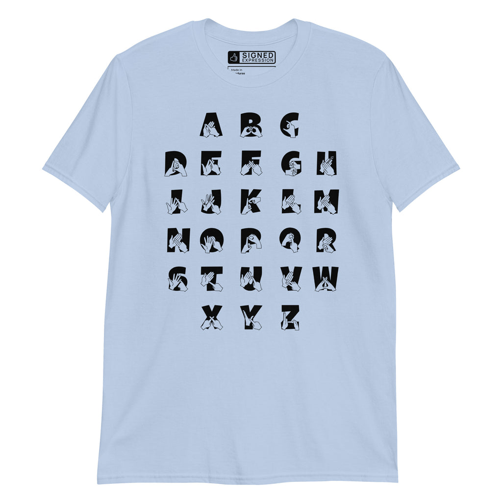 Front view of a light blue t-shirt with BSL Alphabet - Black Fingerspelling & Text