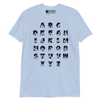 Front view of a light blue t-shirt with BSL Alphabet - Black Fingerspelling & Text