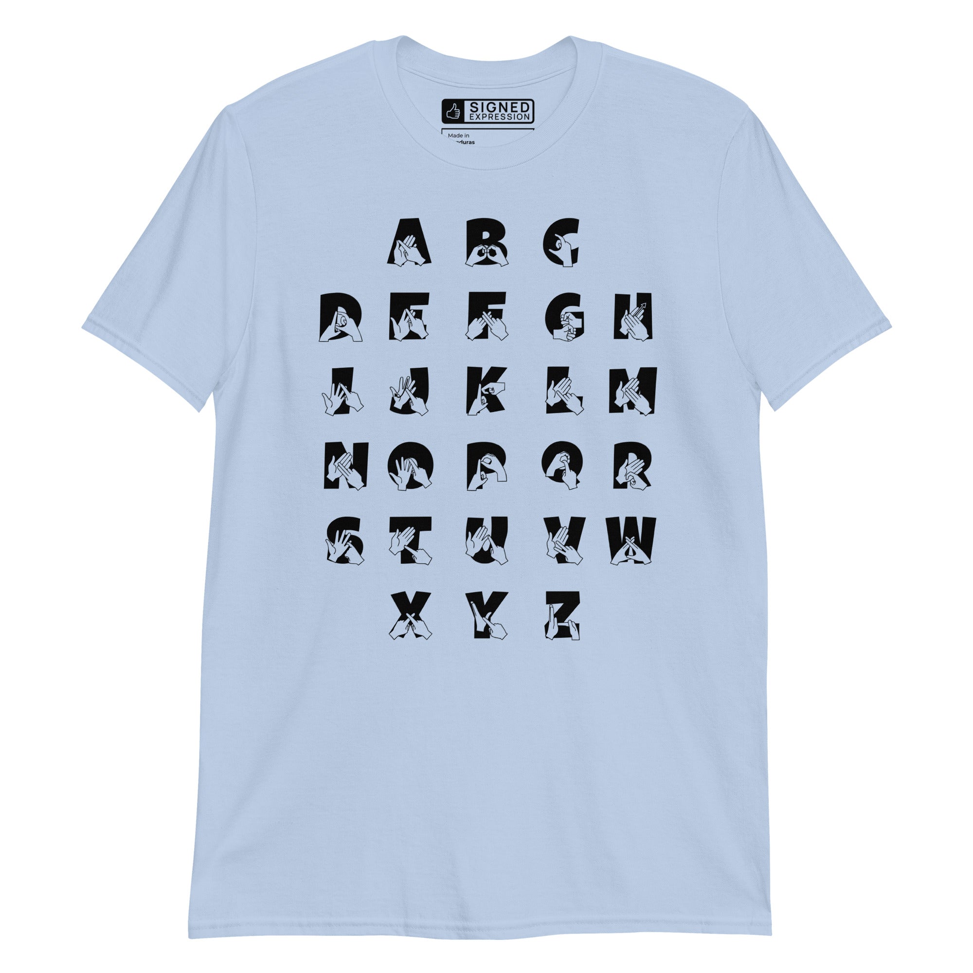 Front view of a light blue t-shirt with BSL Alphabet - Black Fingerspelling & Text
