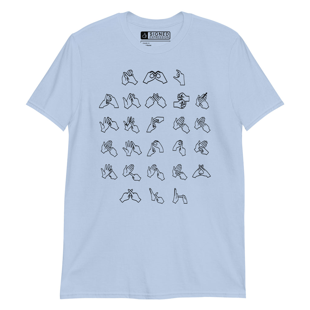 Front view of a light blue t-shirt with BSL Alphabet - Black Fingerspelling