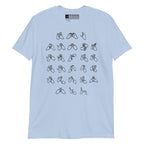 Front view of a light blue t-shirt with BSL Alphabet - Black Fingerspelling